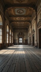 Fototapeta premium Elegant Historical Hallway with Decorative Ceiling and Wooden Floor