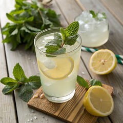 Fototapeta premium A refreshing lemonade with fresh mint and lemon slices on a wooden table