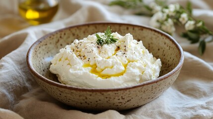 A delicate mound of ricotta cheese served in a handmade ceramic bowl, topped with a drizzle of olive oil and sprinkled with sea salt, placed on a rustic linen tablecloth