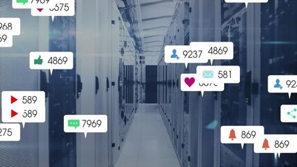 Social media notifications over data center server racks in technology setting - Powered by Adobe