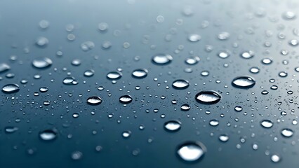 A close-up of water droplets on a smooth glass surface, showcasing clarity, freshness, and soft light reflections