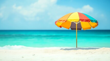 Colorful Beach Umbrella Standing on White Sand with Turquoise Water