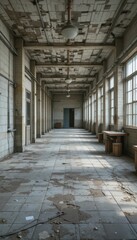 Abandoned corridor with peeling ceiling and scattered debris