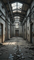 Fototapeta premium Abandoned Industrial Hallway with Crumbling Walls and Sunlight