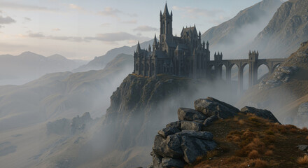 Fototapeta premium Panoramic view of the mountains and fairytale castle on top of rocky cliffs overlooking the valley below
