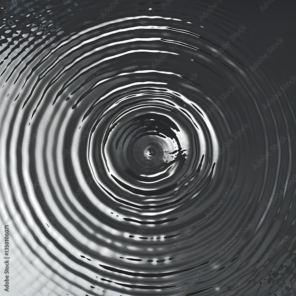 Poster monochromatic image of water surface with concentric ripples emanating from a central point. suggest