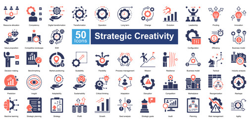 Strategic Creativity icon set in mixed style, featuring 50 icons on innovation, leadership, adaptability, and business transformation. Ideal for strategy planning, market analysis, and growth.