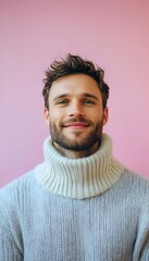 Obraz premium Portrait of a blissful man in his 30s wearing a thermal fleece pullover over pastel background