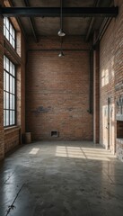 Fototapeta premium Industrial Loft Interior with Exposed Brick and Large Windows