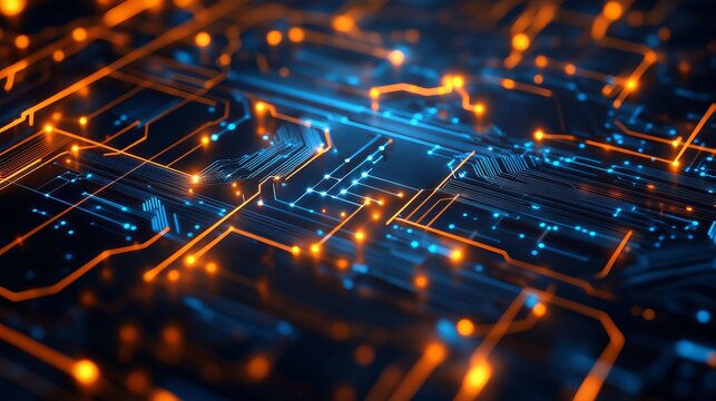 Abstract Digital Circuit Board Technology Background Orange Blue Glowing Lines Network Connections Modern Futuristic Design High Tech Innovation      