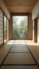 Fototapeta premium Serene Japanese Interior with Natural Light and Tranquil View
