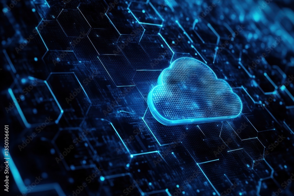 Poster digital technology background with blue cloud icon on a dark hexagonal pattern, symbolizing data sto