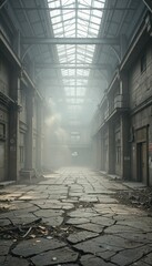Fototapeta premium Abandoned Industrial Hallway with Light Rays and Dust in Air