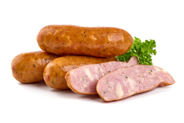 Smoked sausages with herbs, whole and sliced, isolated on white background.
