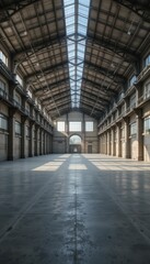 Expansive Industrial Hall with High Ceiling and Natural Light Flow