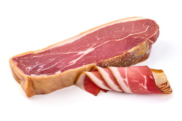 Thinly sliced prosciutto crudo, isolated on white background.