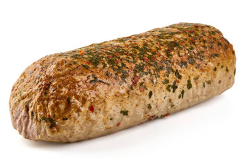 Herb-crusted meat loaf, isolated on white background.