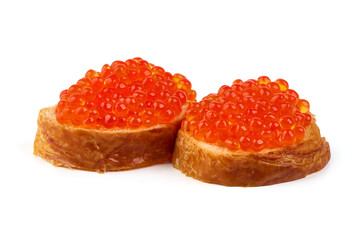 Red caviar canapes on crispy toasted bread, isolated on white background.