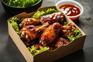 BBQ chicken wings in a cardboard box with lettuce and sauce