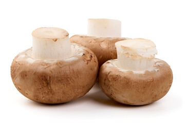 Fresh cremini mushrooms whole and sliced isolated on white background.