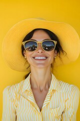Fototapeta premium Portrait of a woman wearing a yellow hat and sunglasses on yellow background