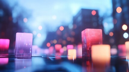 Futuristic city street at night with glowing cubes