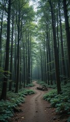 Fototapeta premium Serene Path Through Lush Green Forest with Tall Trees and Soft Light