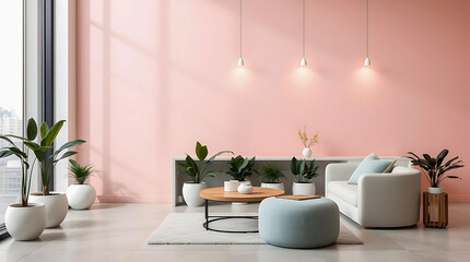 Modern living room with soft pink walls and stylish furniture in a bright setting 