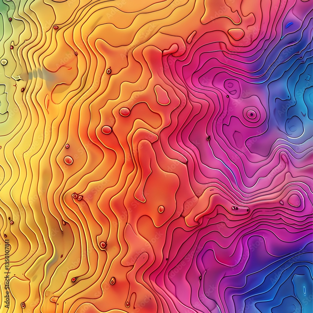 Poster Abstract topographic map with contour lines filled with a vibrant rainbow gradient of colors. Represents elevation and abstract geography.

