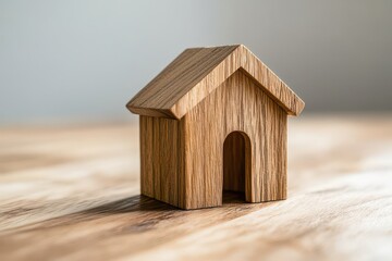 Wooden miniature house model on a wooden table with a soft background, ideal for home decor