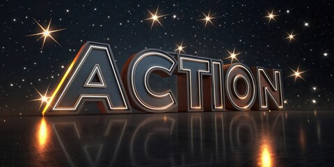 "Action" in glossy, wet-looking letters with water droplets.
