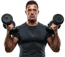  Strong trainer with dumbbells. Simple graphic, figure on a transparent background, for sports and fitness projects