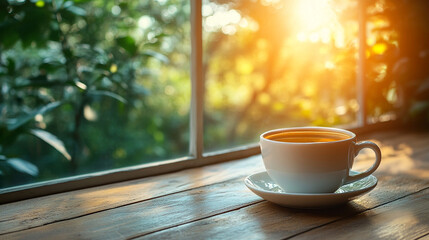 Obraz premium Warm coffee cup by the window at sunrise
