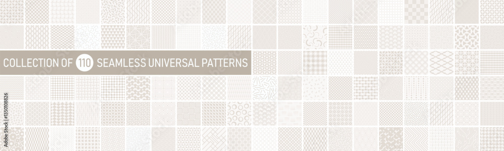 Poster Collection of vector seamless geometric ornament patterns in different styles. Beige repeatable unusual backgrounds. Endless soft prints, textile textures