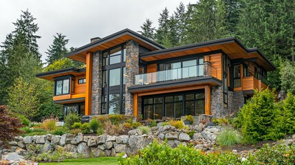Modern House with Stone and Wood Facade Surrounded by Nature