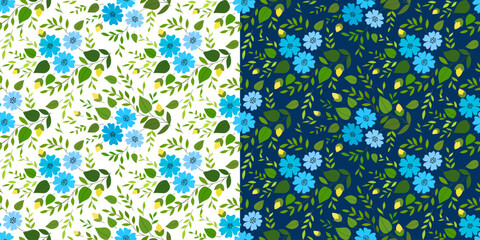 Summer blue flowers and green leaves. Floral delicate background in country style. Bright spring bouquet seamless pattern. Vintage printed cotton fabric design