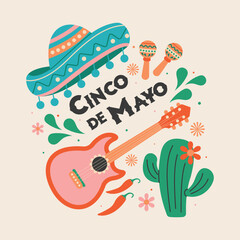 A colorful Cinco de Mayo illustration featuring a sombrero, guitar, maracas, cactus, and chili peppers. Perfect for festive decorations, invitations, posters, and Mexican culture-themed designs.