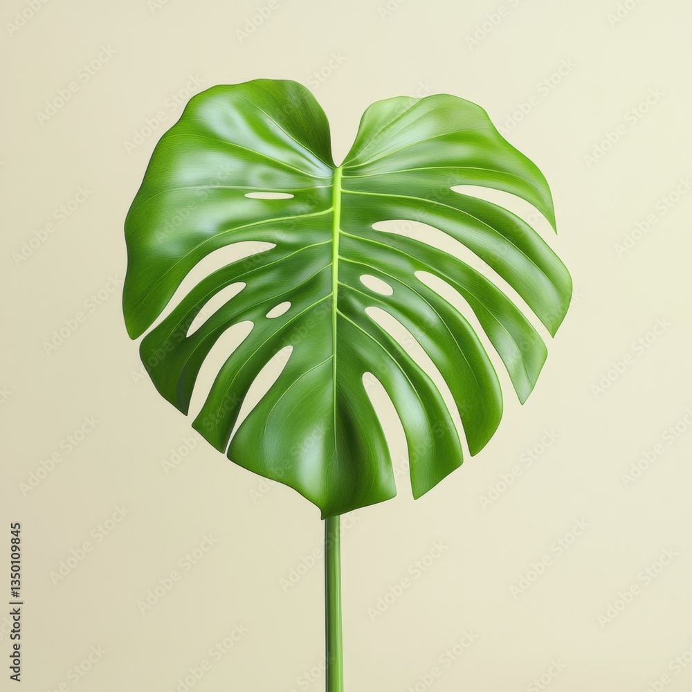 Poster monstera leaf displayed against a light background showcasing its unique heart shape and intricate c