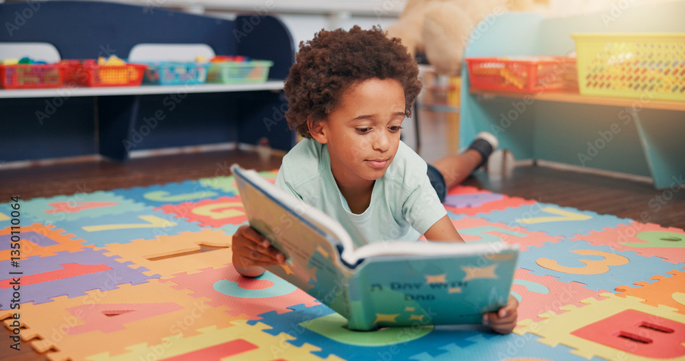 Poster african boy, book and floor in classroom for development, storytelling and knowledge at academy. chi