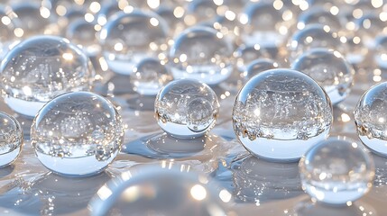 Close-up of numerous transparent glass spheres reflecting light.