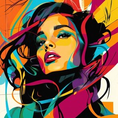 Naklejka premium A bold and dynamic pop art portrait of a woman with vibrant multicolored strokes, expressive features, and a modern artistic flair
