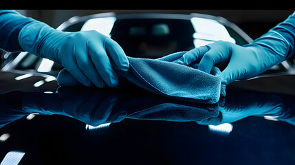 Blue gloved hands wipe a car hood with a microfiber cloth, symbolizing meticulous care and attention to detail. Ideal for automotive services, detailing, and maintenance.