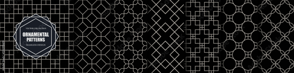 Poster collection of black seamless ornamental geometric patterns. repeatable dark elegant luxury backgroun