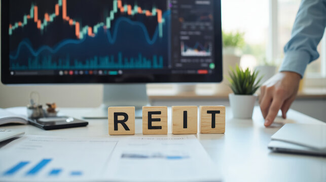Real estate investment trust concept with financial charts and wooden blocks displaying reit