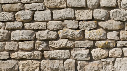 Close up view of a wall built with hand cut stones, creating a rustic and textured background