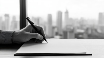 corporate finance, a corporate executive signs financial papers in a high-rise bank with city skyline visible through large windows