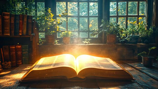 In a cozy, sunlit room filled with greenery, a magical book unfolds enchanting nature stories, inviting readers on a journey of exploration into unknown worlds and limitless possibilities