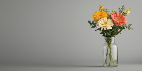 Fototapeta premium Colorful Gerbera Daisy Bouquet in Clear Glass Vase on Gray Background