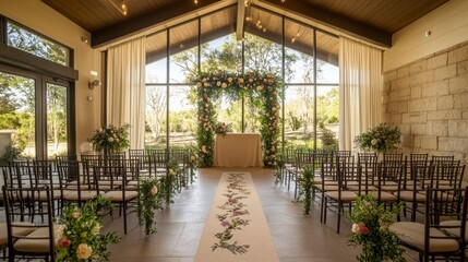 Fototapeta premium Elegant wedding ceremony setup in a modern glass-walled venue with floral arrangements, aisle runner, and wooden chairs.