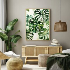 Stylish interior featuring tropical leaf artwork and natural decor in a cozy living room setting